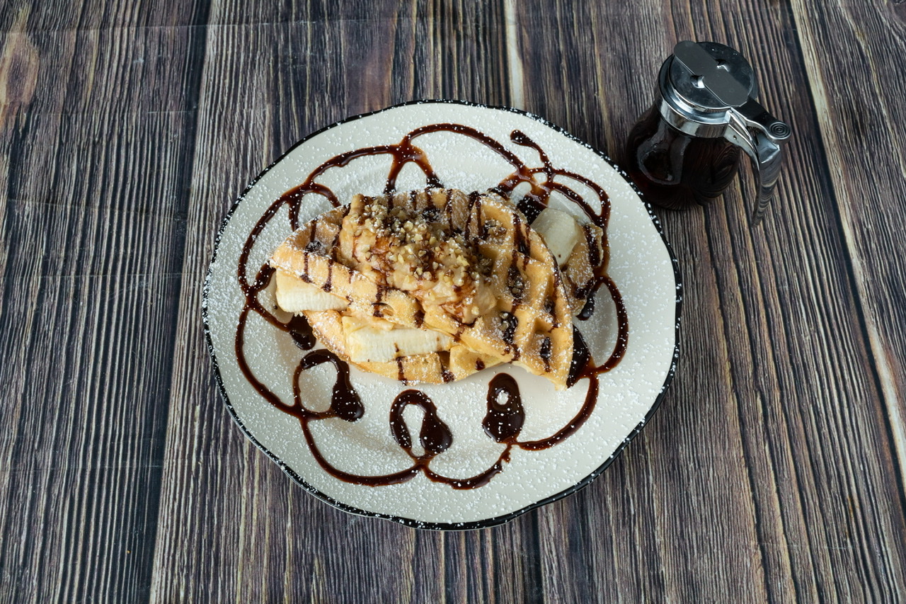 Order Peanut Butter Chocolate Banana Waffle food online from House of Pies store, Los Angeles on bringmethat.com