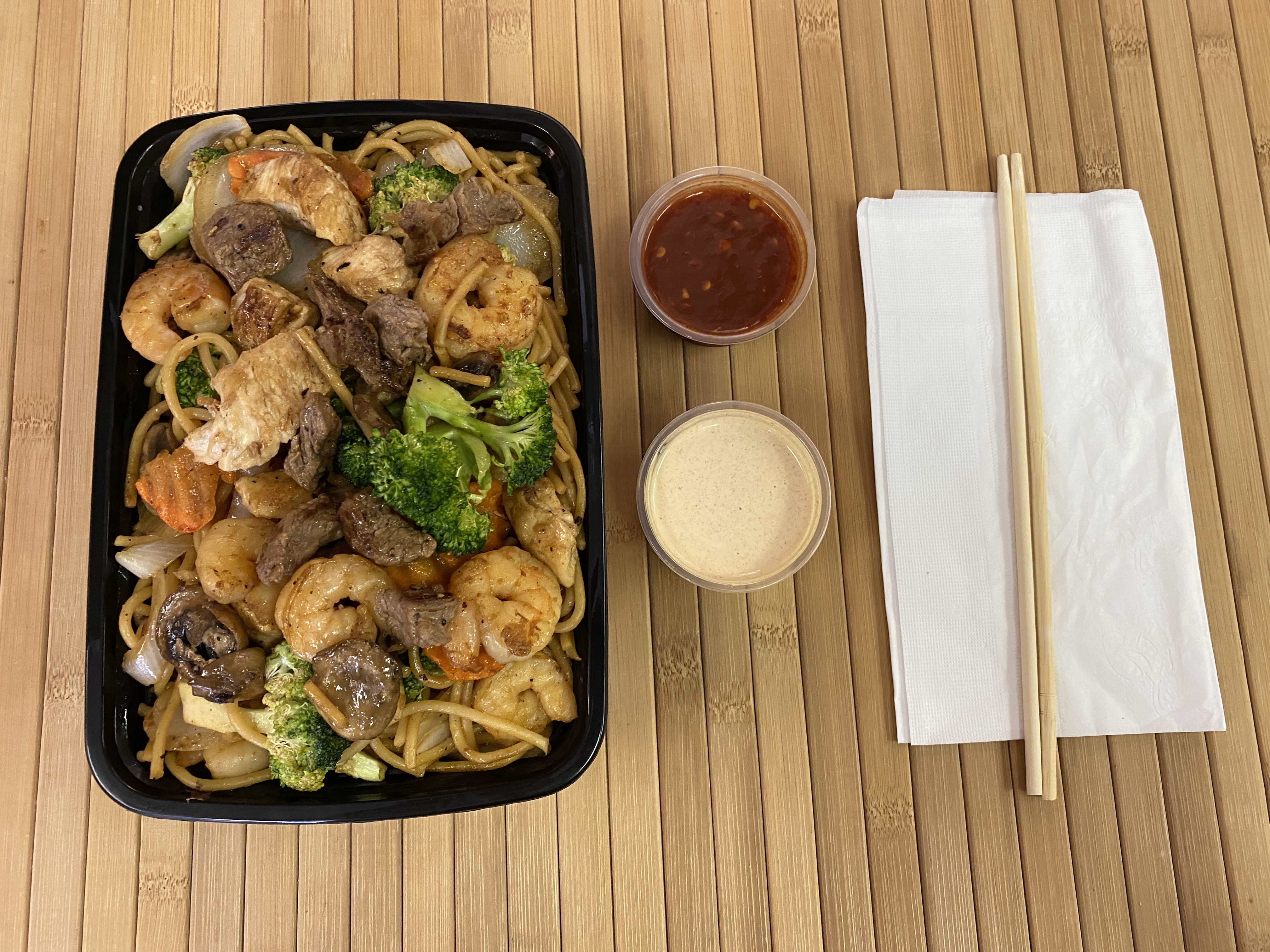 Order Steak-Chicken-Shrimp-Noodles food online from Chowtime Food Hall store, Raleigh on bringmethat.com
