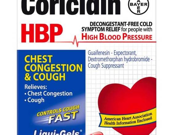 Order Coricidin HBP Cough & Cold Liquid Gels 20 ct food online from McLean Ave Pharmacy store, Yonkers on bringmethat.com