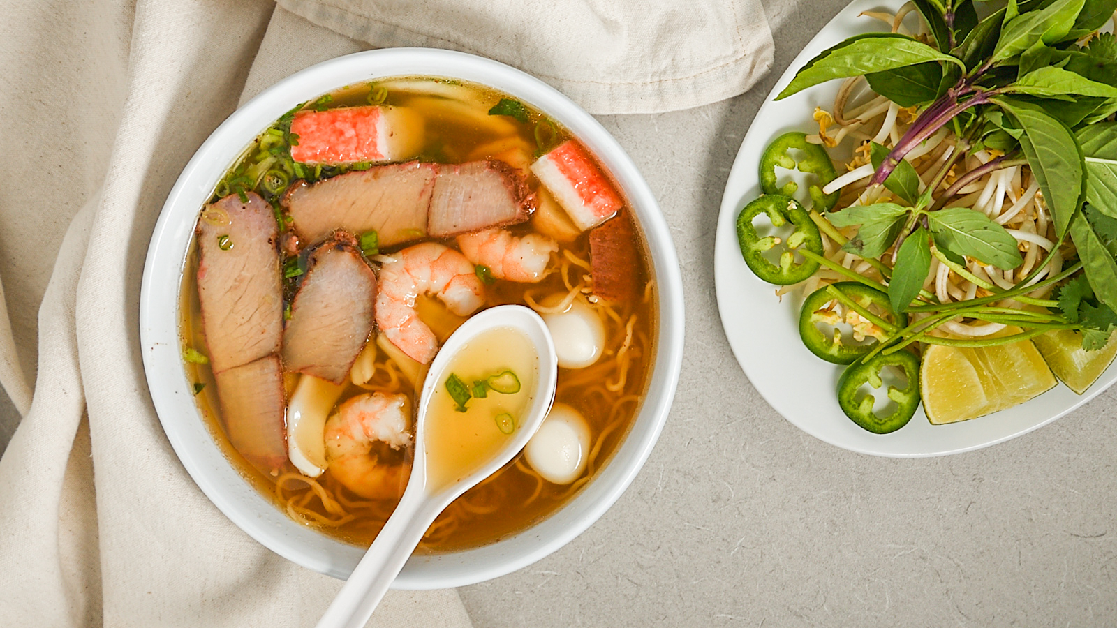 Order EGG NOODLE-IN-SOUP: SEAFOOD & BBQ PORK / HỦ TIẾU MÌ THẬP CẨM food online from Pho Dinh Vietnamese Cuisine store, Austin on bringmethat.com