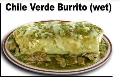 Order Wet Chili Verde Burrito food online from Yellow Basket store, Victorville on bringmethat.com