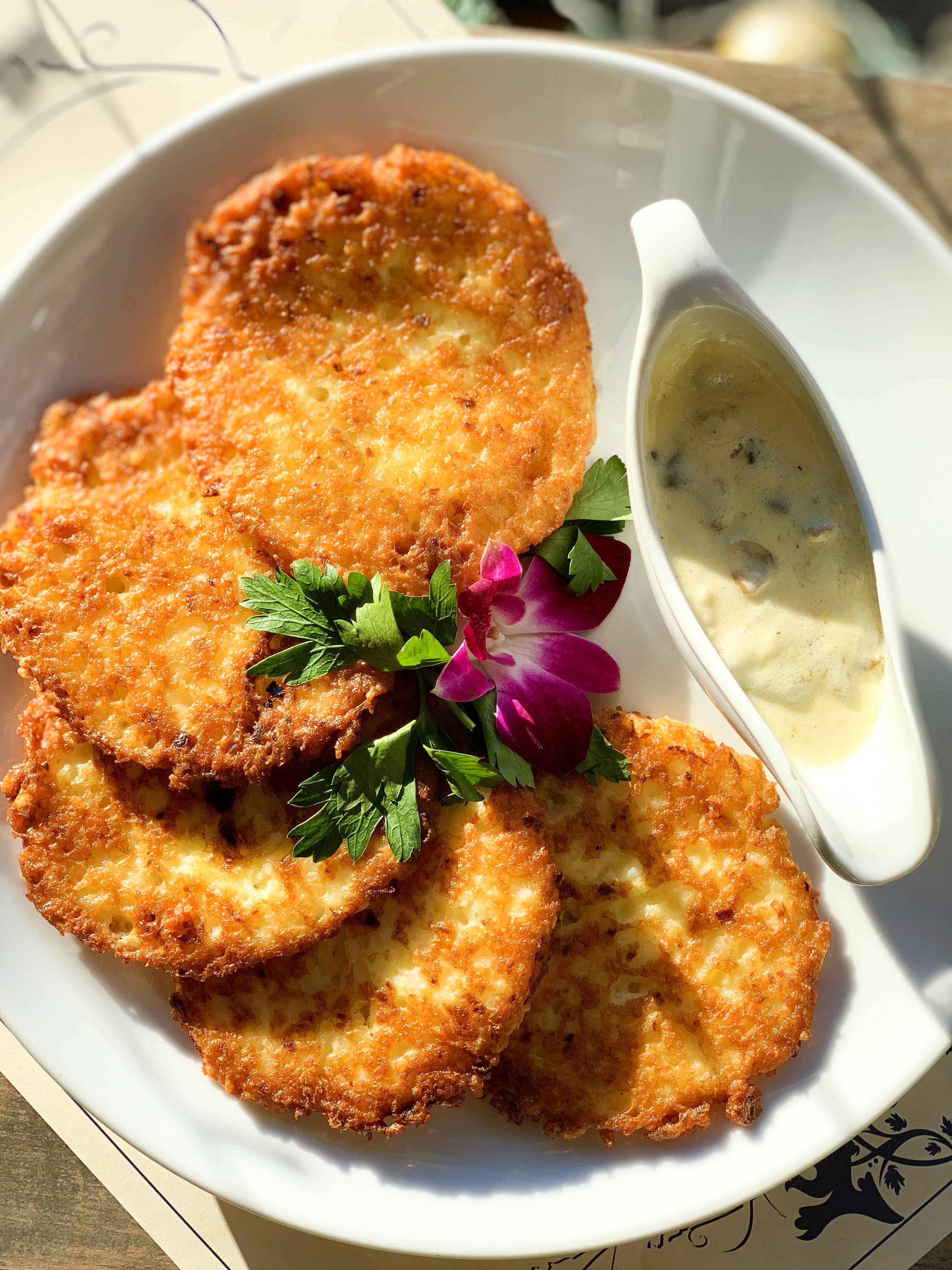 Order Potato pancakes with Creamy Mushrooms sauce food online from Cafe Gallery store, Brooklyn on bringmethat.com