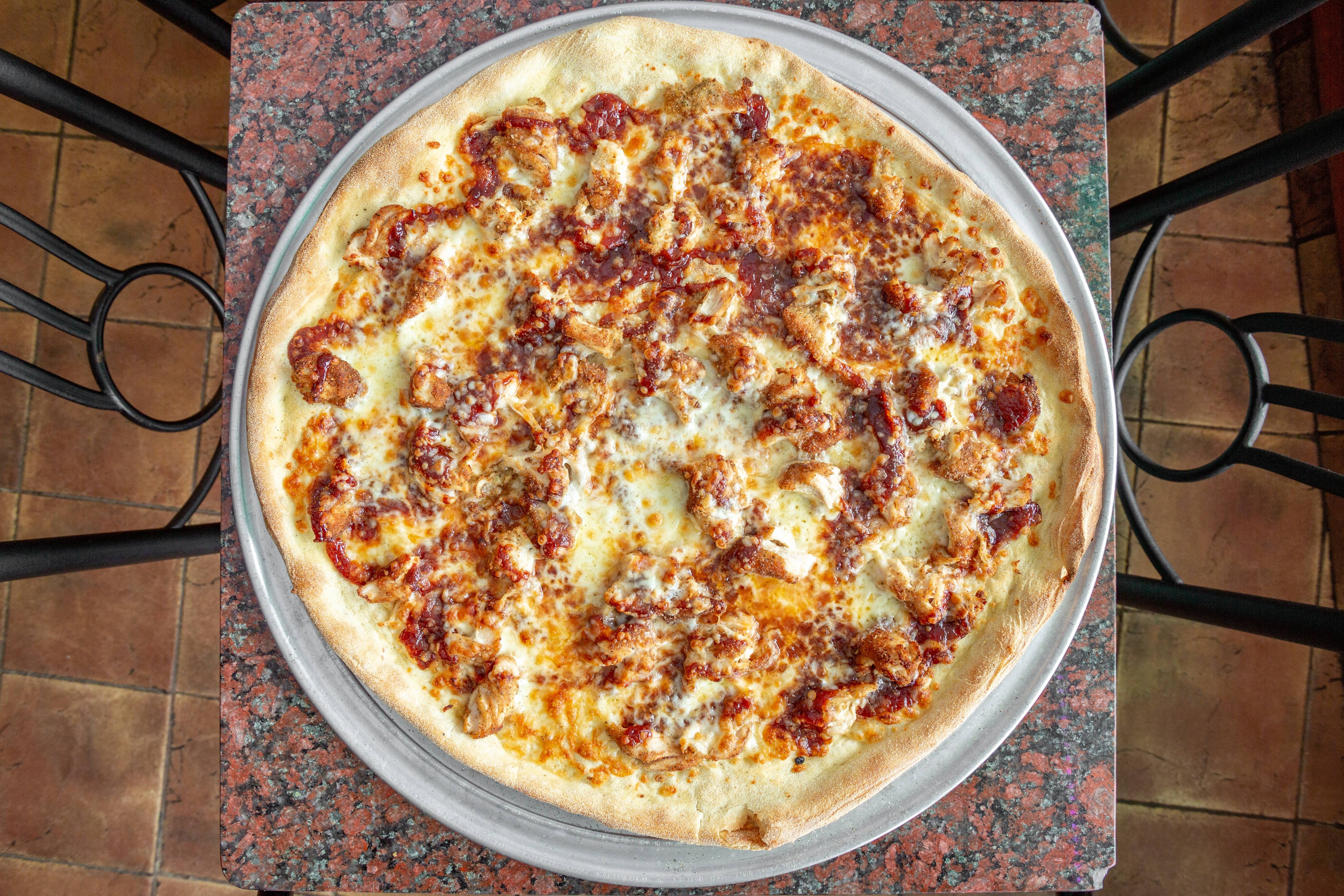 Order BBQ Chicken Pizza - Medium food online from Theo's Pizzeria & Grill - Belmont store, Belmont on bringmethat.com