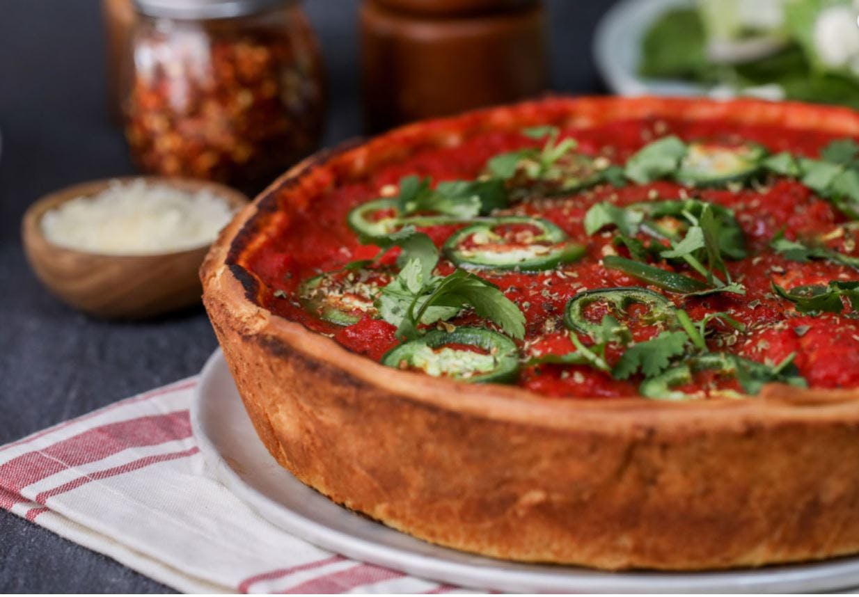 Order Deep Dish BBQ Combo Pizza - 10'' food online from Patxi's Chicago Pizza store, San Francisco on bringmethat.com
