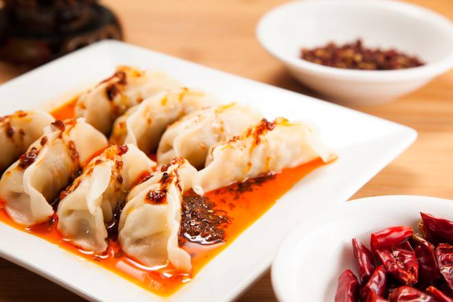 Order Dumplings in Red Chill Oil 红油饺子 food online from Jun Dynasty Chinese Restaurant store, Tucson on bringmethat.com