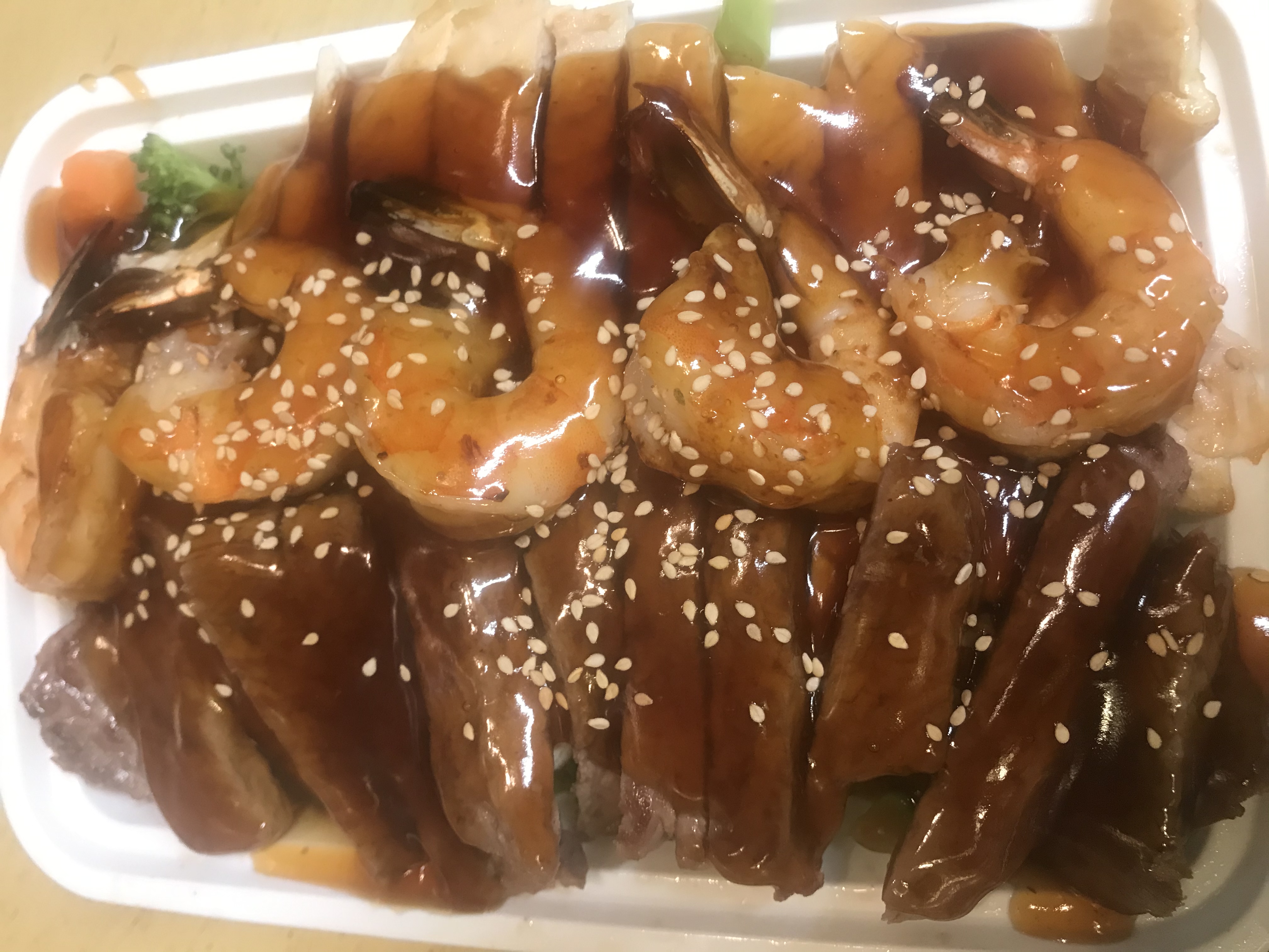 Order 48. Chicken, Shrimp and Beef Combo Teriyaki food online from Abace sushi store, New York on bringmethat.com