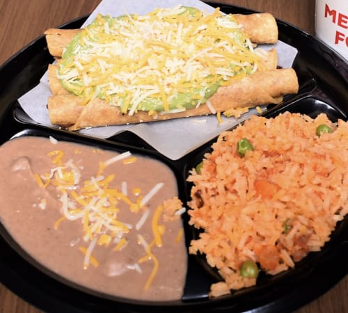 Order 3 Rolled Taquitos and 1 Hard Shell Taco food online from Albertos Mexican Food store, Riverside on bringmethat.com