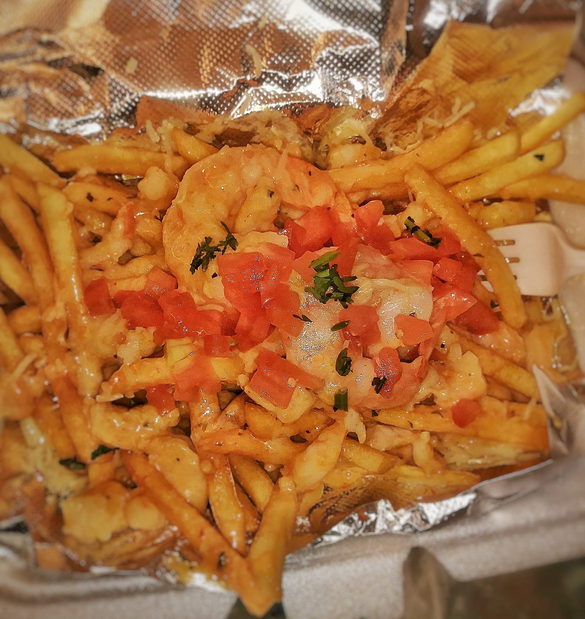 Order Cheesy Garlic Shrimp Fries food online from Good Vibes To Go Cuisine store, Columbus on bringmethat.com