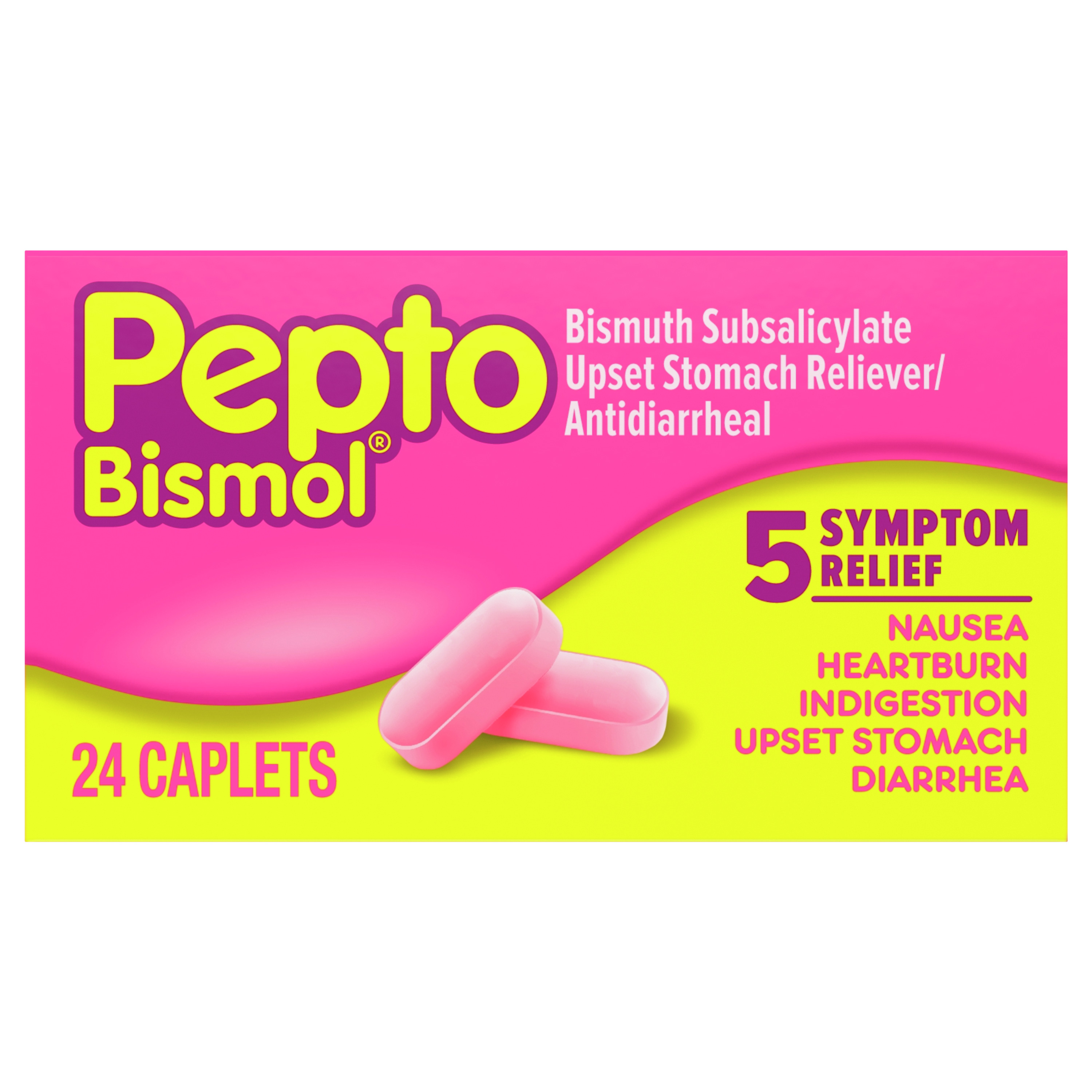 Order Pepto Bismol Upset Stomach Reliever/Antidiarrheal Caplets - 24 ct food online from Rite Aid store, MILLER PLACE on bringmethat.com