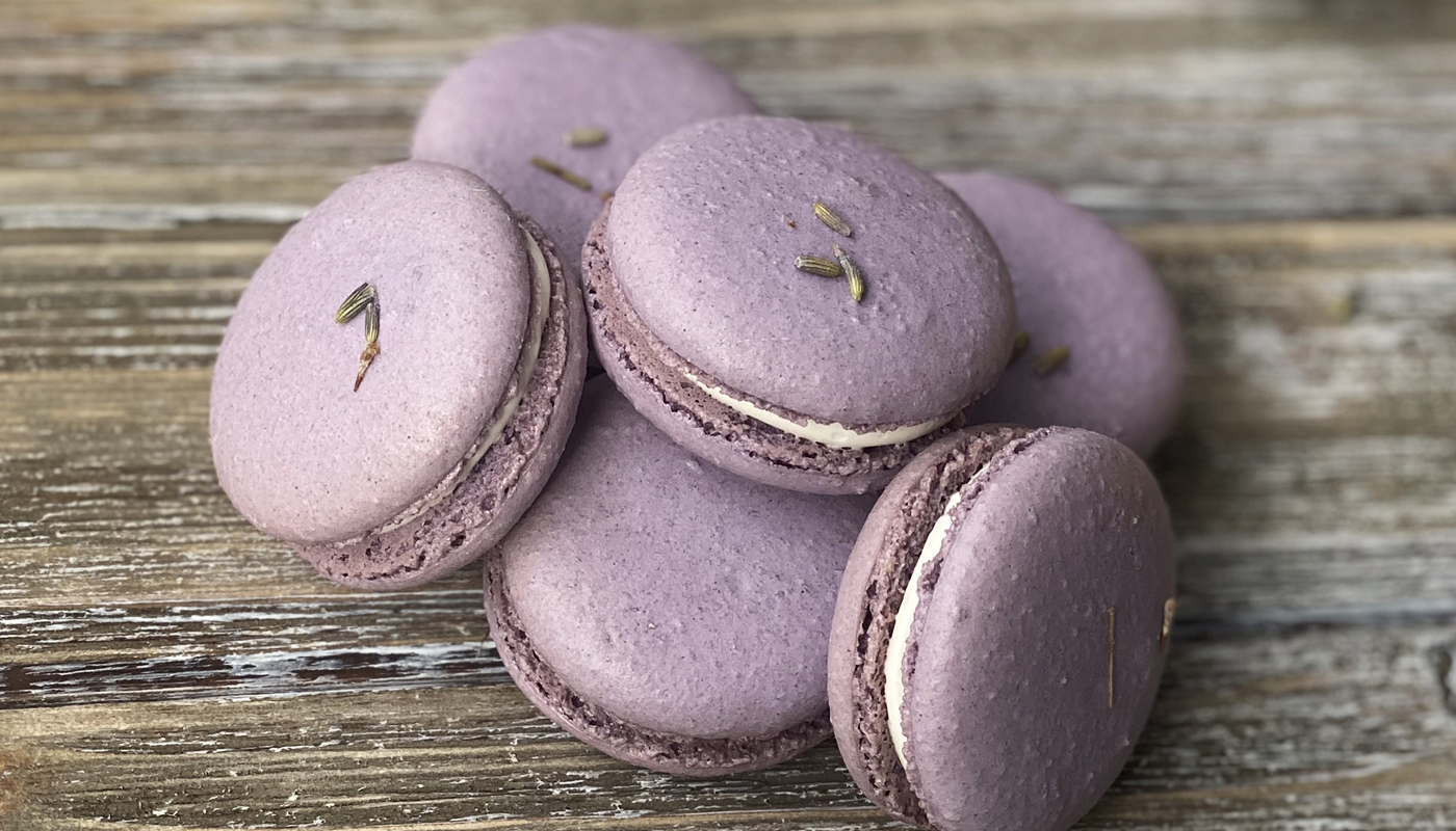 Order Lavender Chai French Macarons food online from Blue Sheep Bake Shop store, Somerville on bringmethat.com