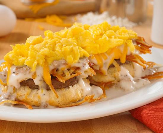 Order Southern Smothered Biscuit Platter w/ Country or Turkey Sausage food online from Huddle House store, Camden on bringmethat.com