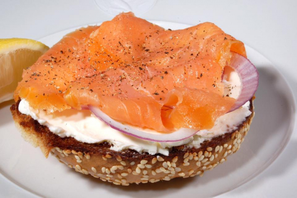 Order Bagel with Lox with Cream Cheese, Onion and Tomato food online from NY Bagel Cafe Deli store, Burlington on bringmethat.com