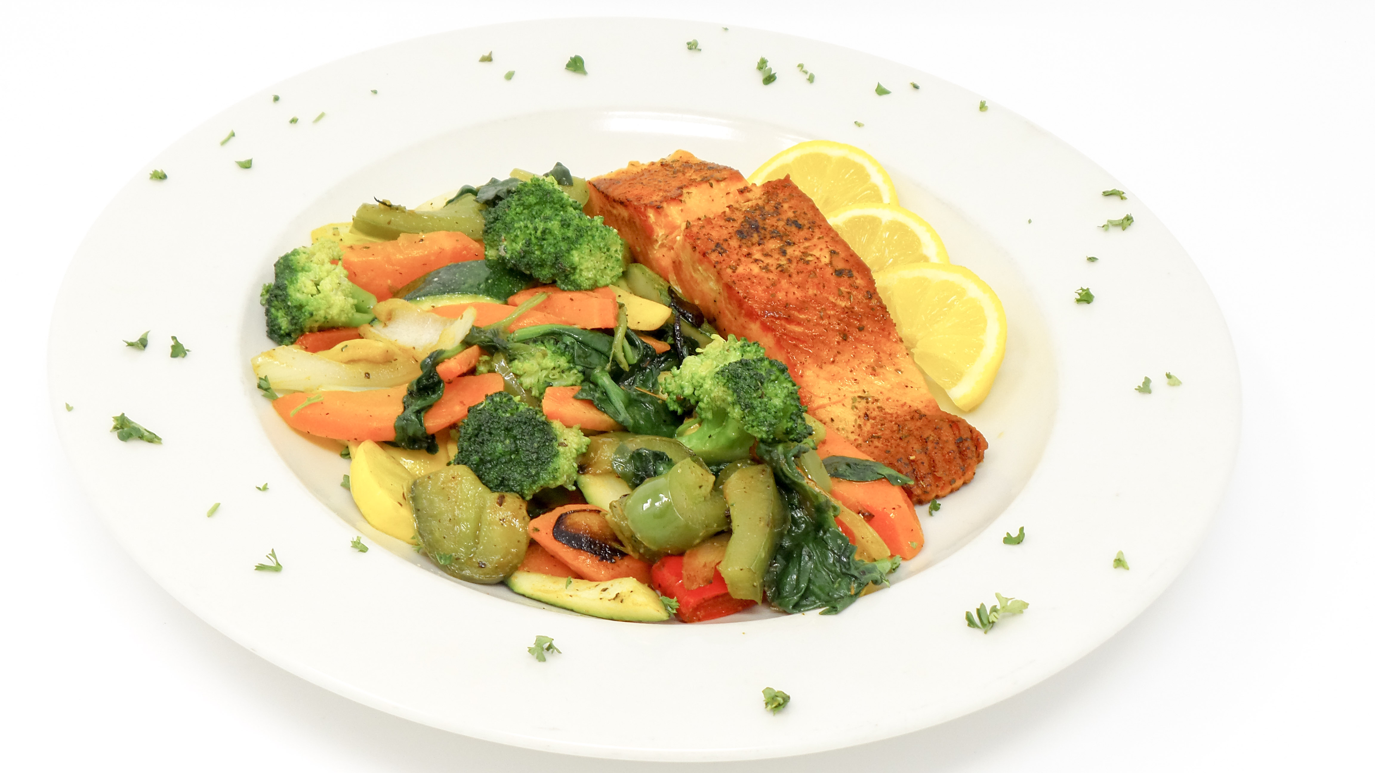 Order Grilled Salmon with Vegetables food online from Arcuris Pizza & Salad store, Cos Cob on bringmethat.com