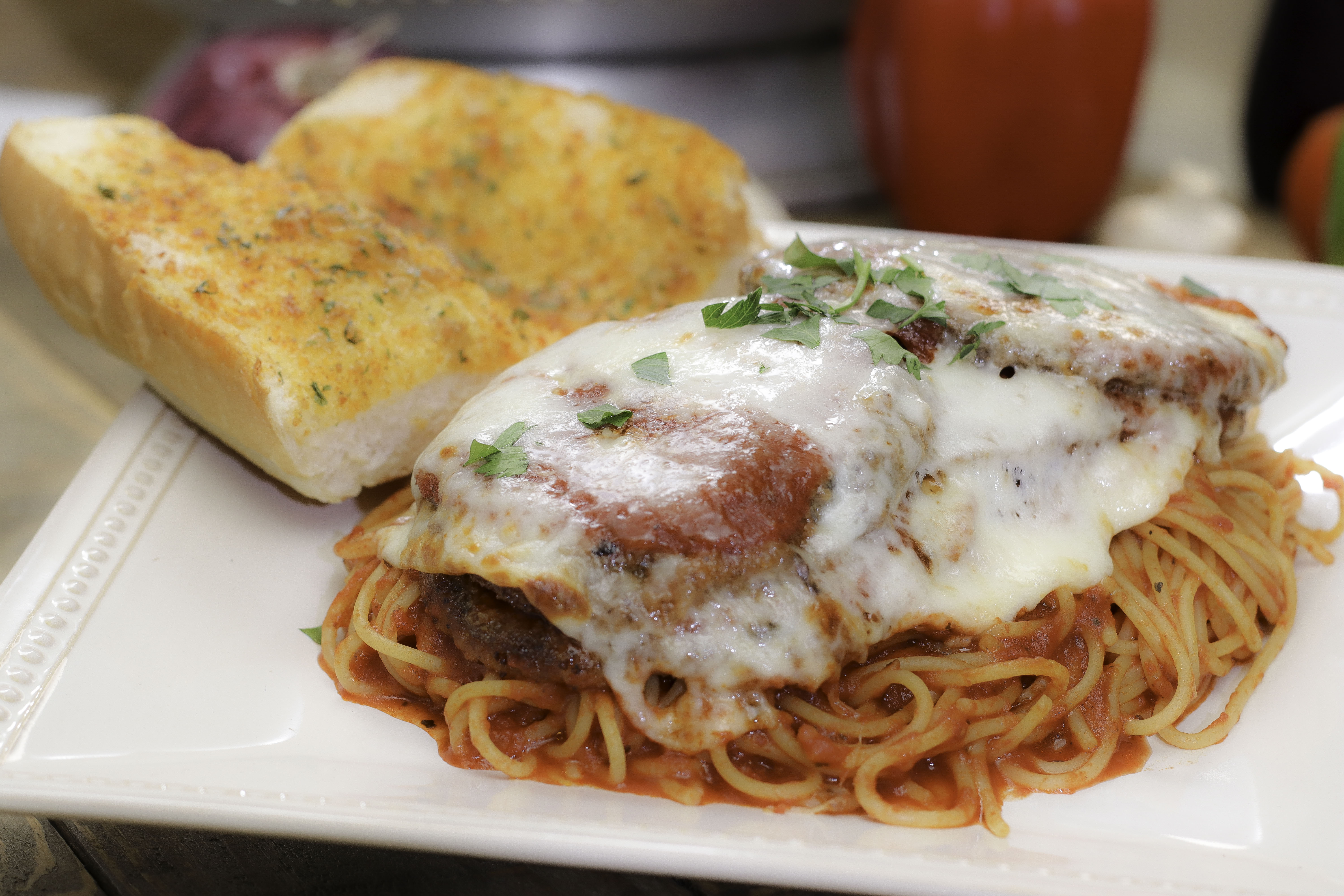 Order 5. Chicken Parmigiana with Spaghetti Lunch food online from Ameci Pizza & Pasta store, Lake Forest on bringmethat.com