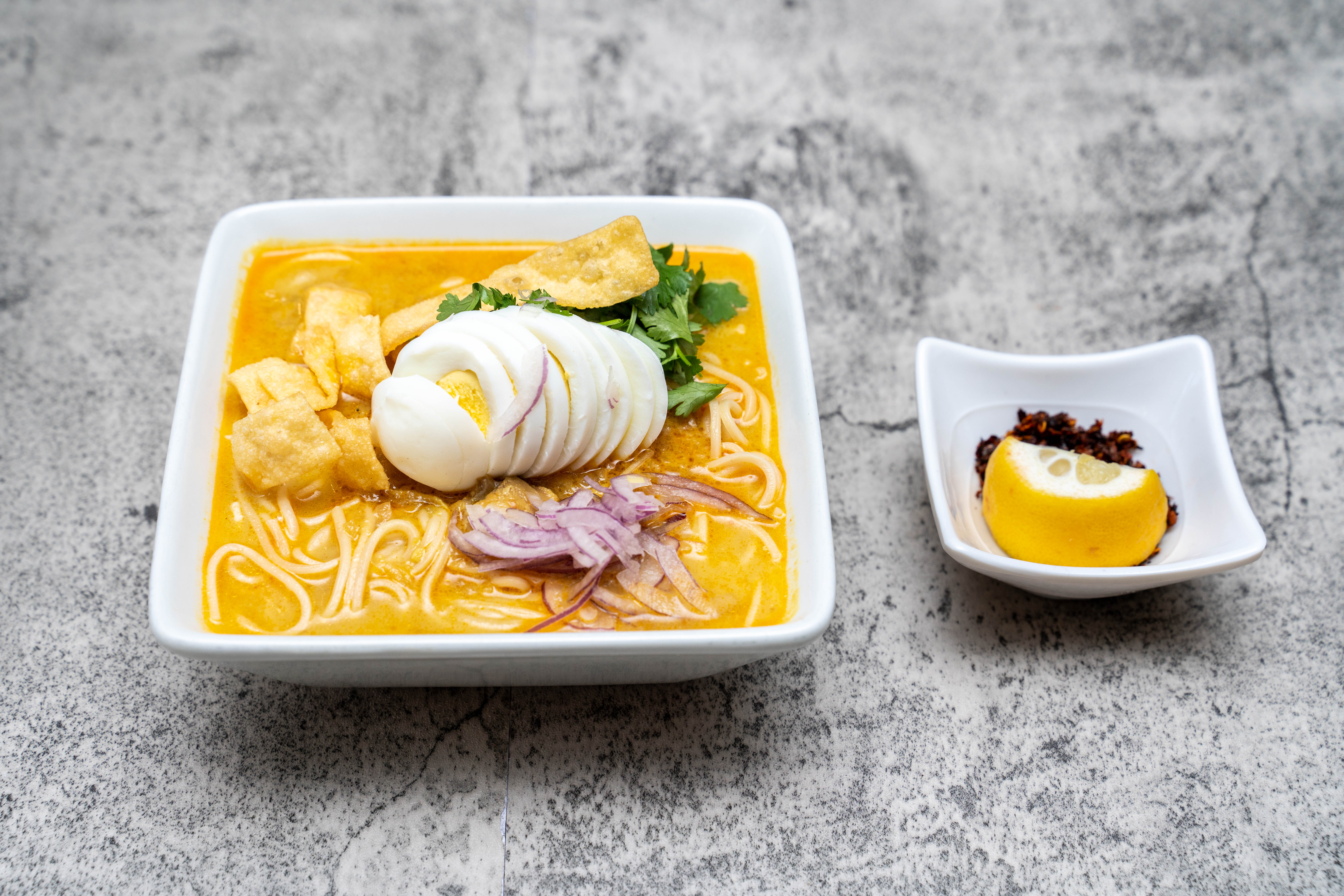 Order Coconut Chicken Noodle Soup food online from Experience Burma Restaurant & Bar store, Pleasanton on bringmethat.com