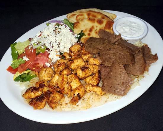 Order Mixed Gyro Platter + Choice of Appetizers food online from Cafe Agora Midtown store, Atlanta on bringmethat.com
