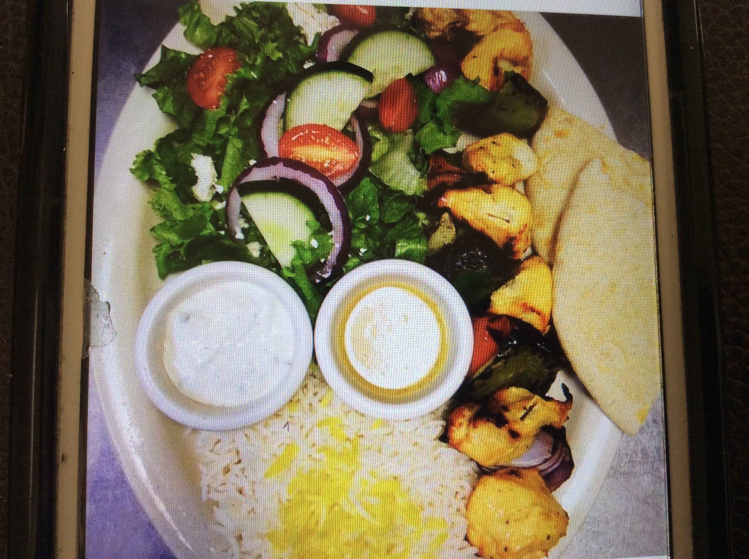 Order Chicken Souvlaki served with salad and rice food online from Pars Cuisine store, Albuquerque on bringmethat.com
