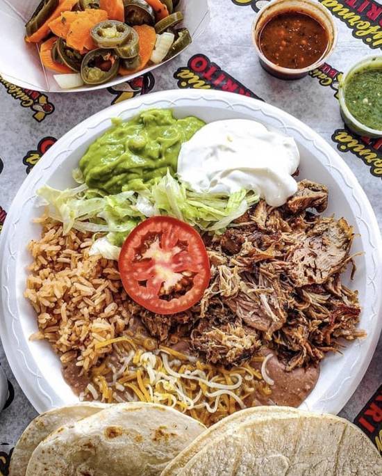 Order Combo 13: Carnitas Plate food online from California Burrito store, Antioch on bringmethat.com