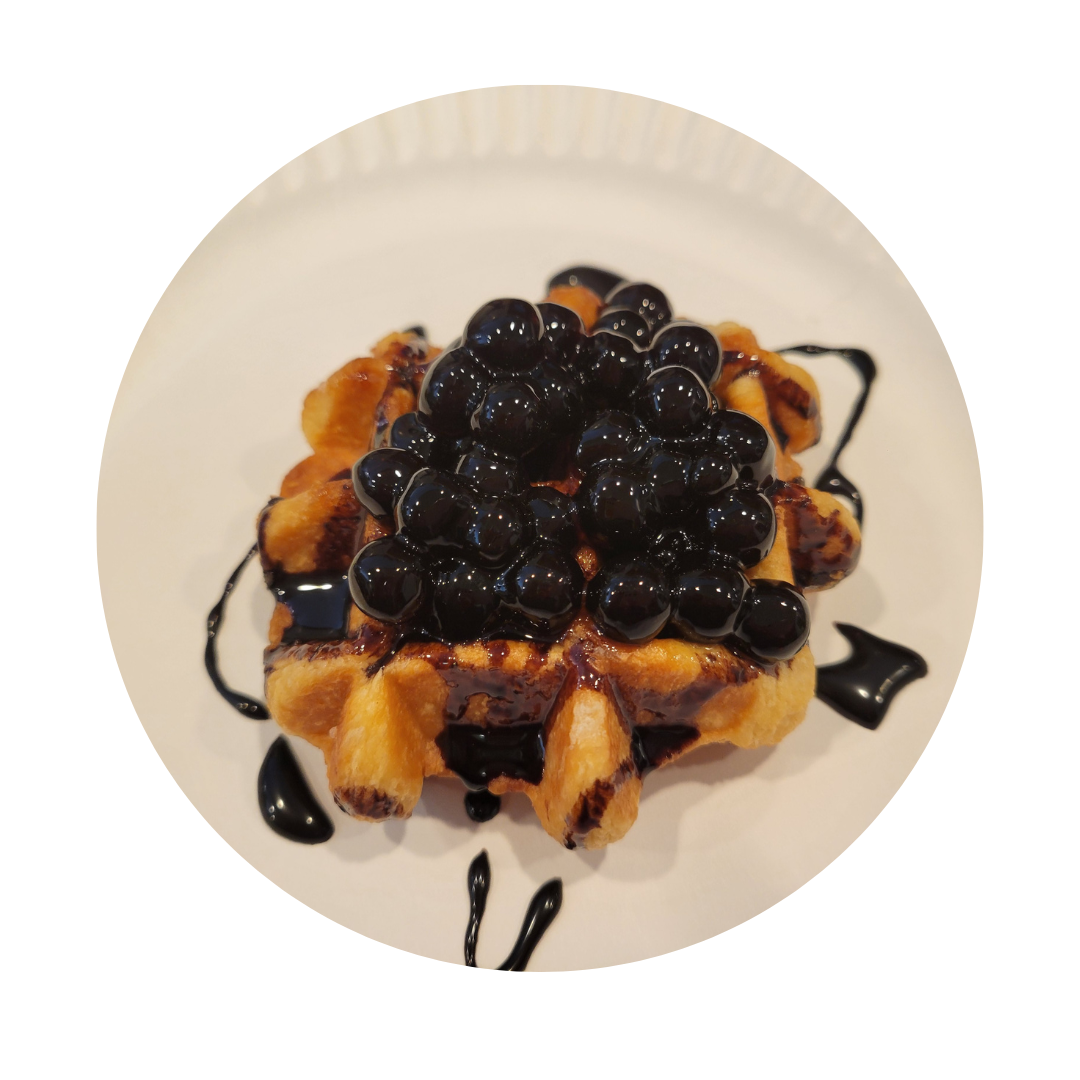 Order Belgian waffle topped with tapioca boba and chocolate drizzle food online from TeaMoji store, Boston on bringmethat.com
