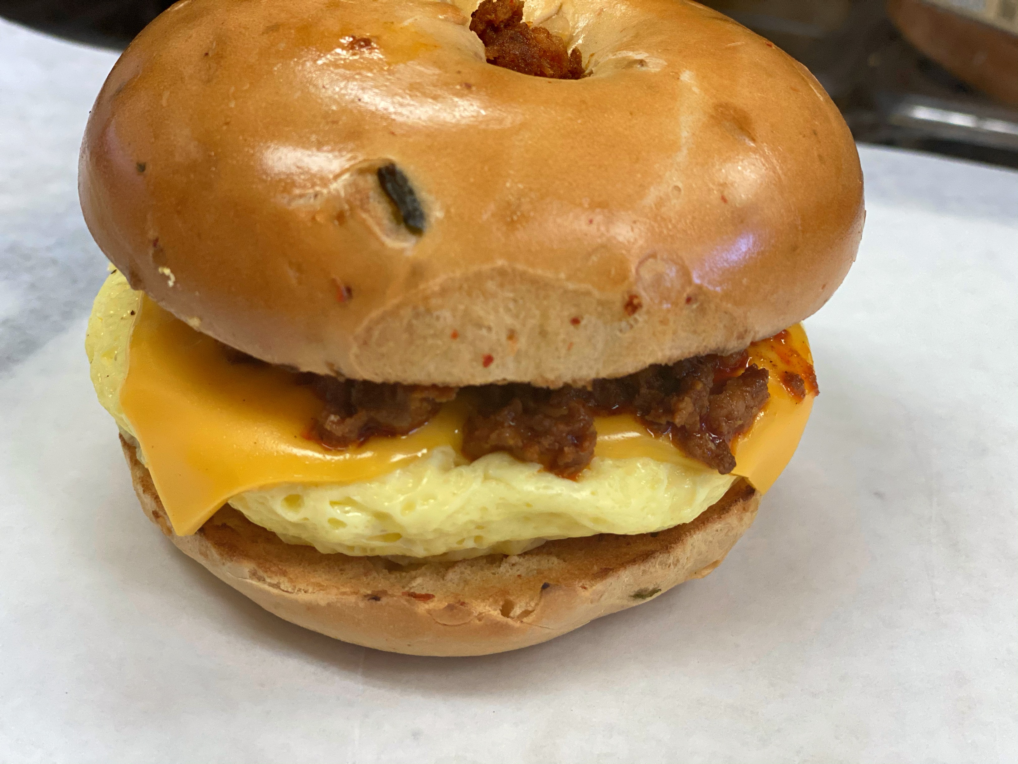 Order 11XA. Chorizo, Egg & Cheese food online from Bagel Place Cafe store, Sunnyvale on bringmethat.com