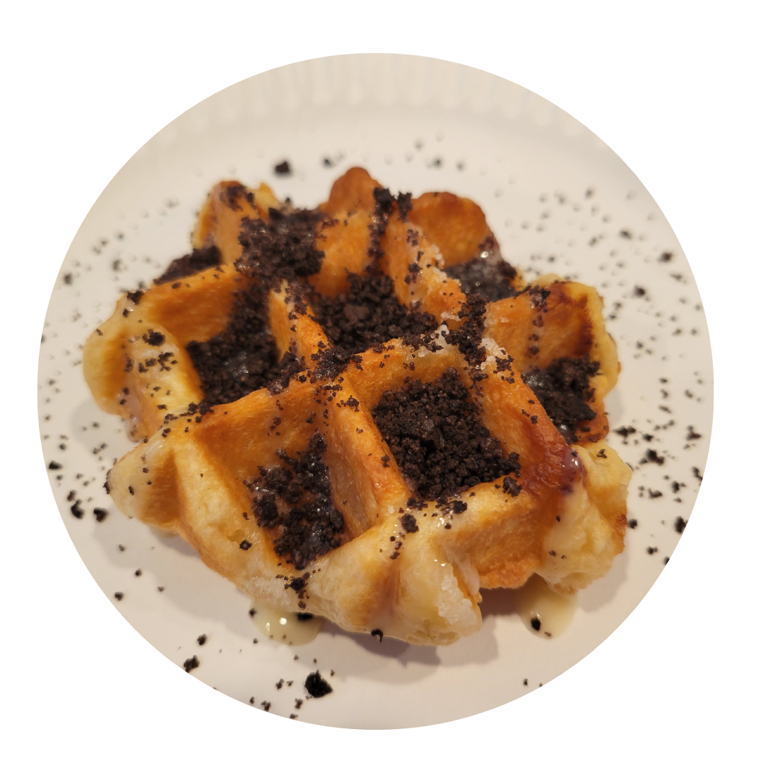 Order Belgian waffle drizzled with condense milk and oreo crunches food online from TeaMoji store, Boston on bringmethat.com