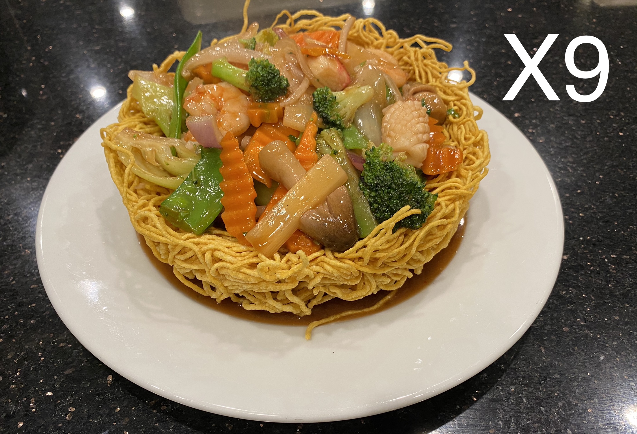 Order X9. Crispy Egg Noodle Stir Fry with Seafood food online from Pho One Restaurant store, Hurst on bringmethat.com