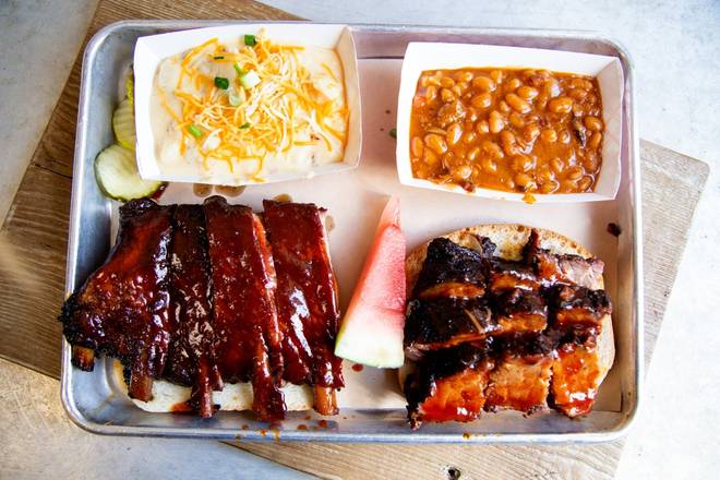 Order Four Bone St. Louis Rib & Brisket or Burnt Ends food online from Scott's Kitchen and Catering at Hangar 29 store, Kansas City on bringmethat.com