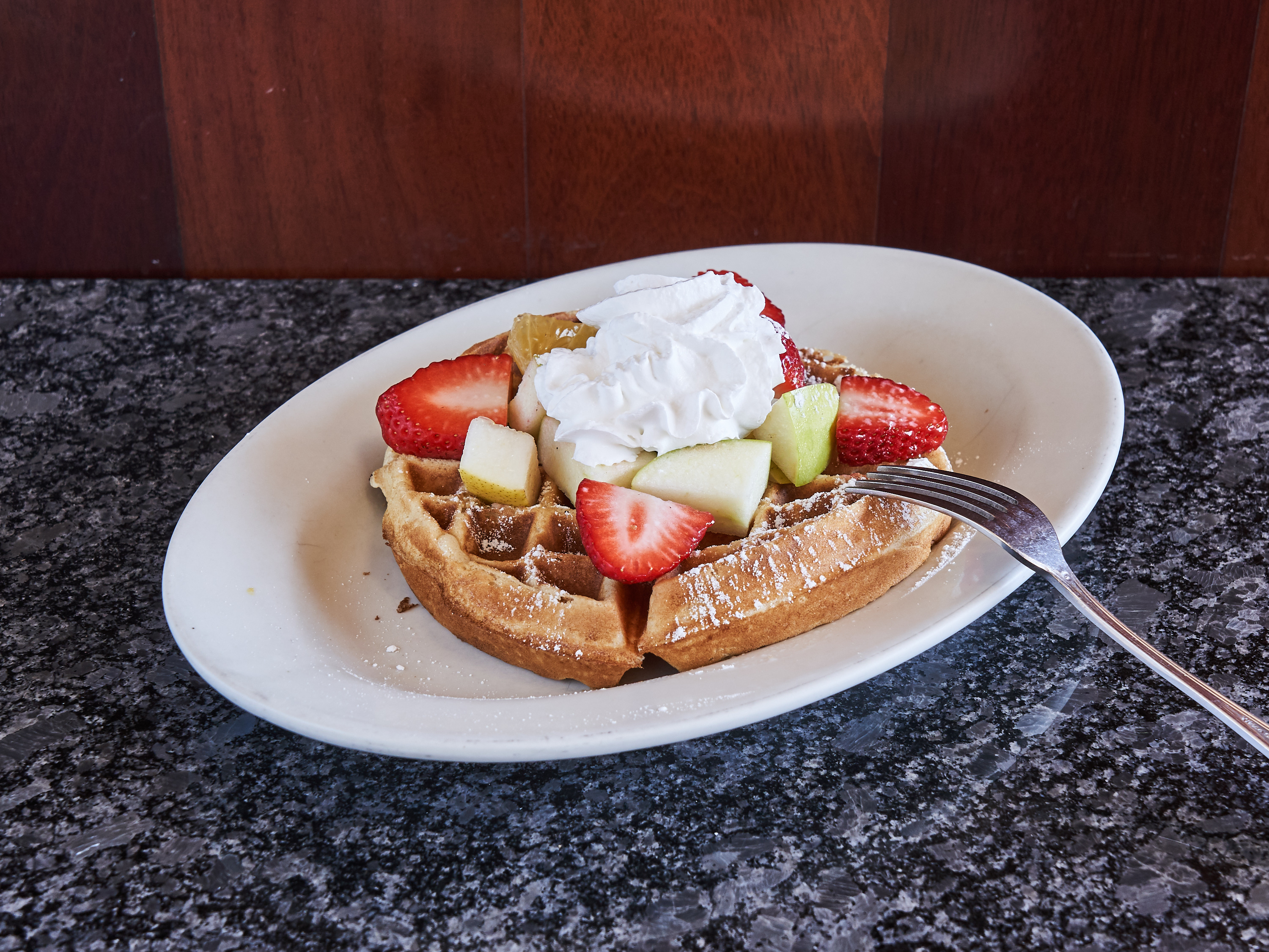 Order Belgian Waffle with Fresh Fruit and Whipped Cream food online from Daybreak cafe store, Long Island City on bringmethat.com