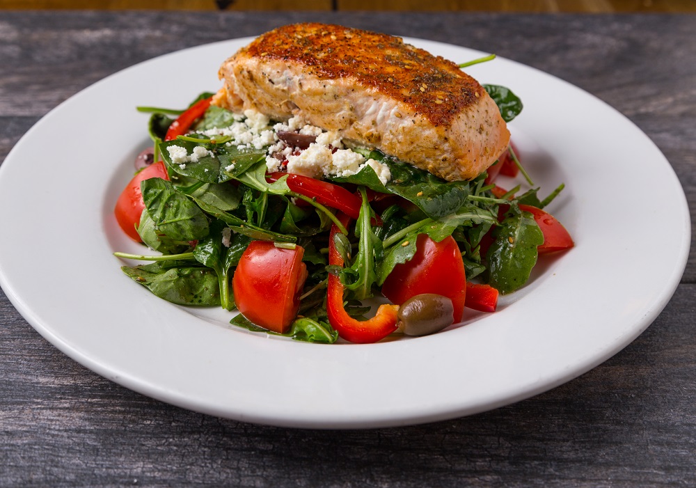 Order Za'atar-Dusted Wood-Fired Salmon Salad food online from Pita Jungle store, Tempe on bringmethat.com