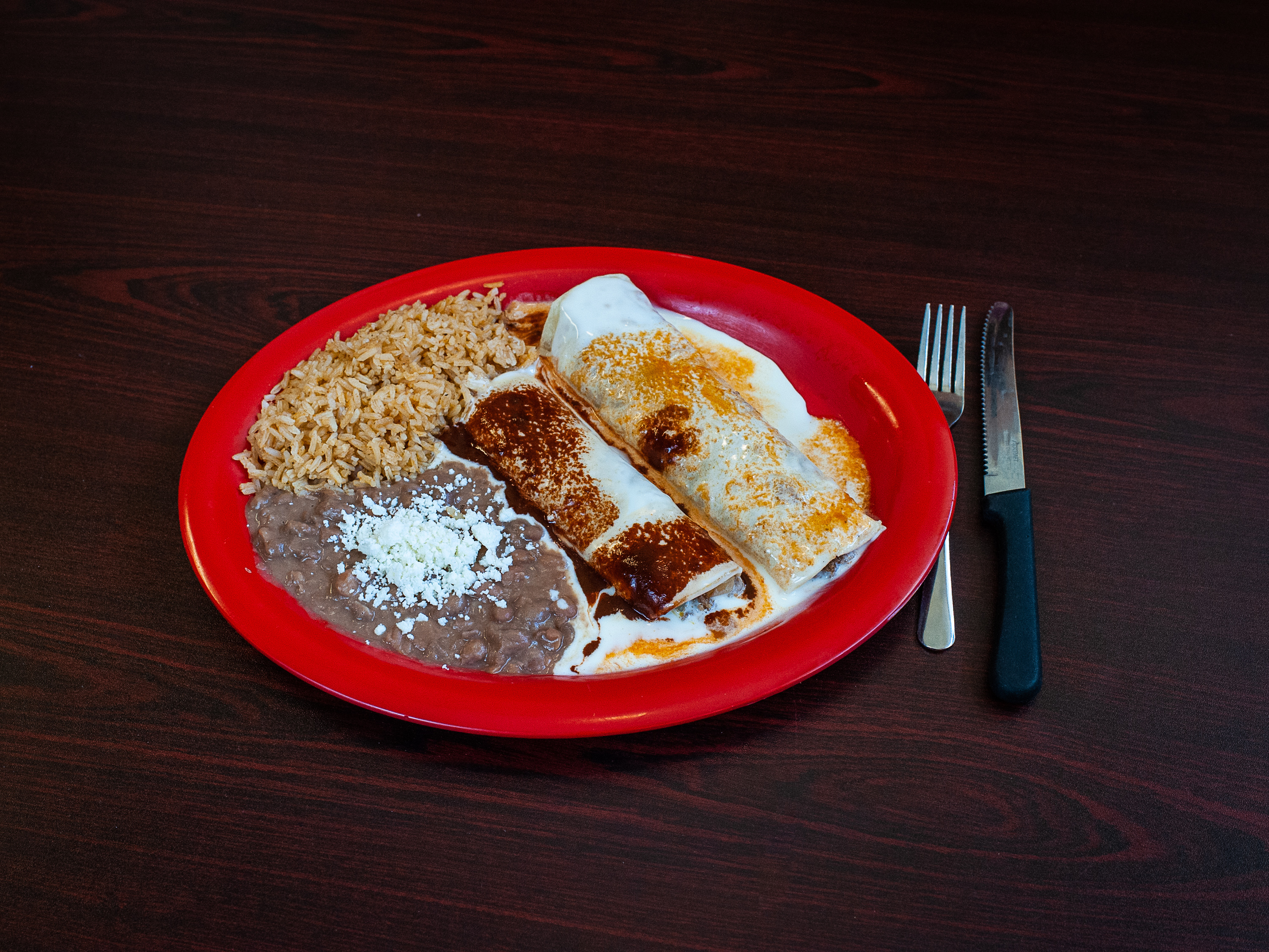 Order #12 One Burrito, One Enchilada, Rice and Beans Combination food online from Don Jose store, Lilburn on bringmethat.com