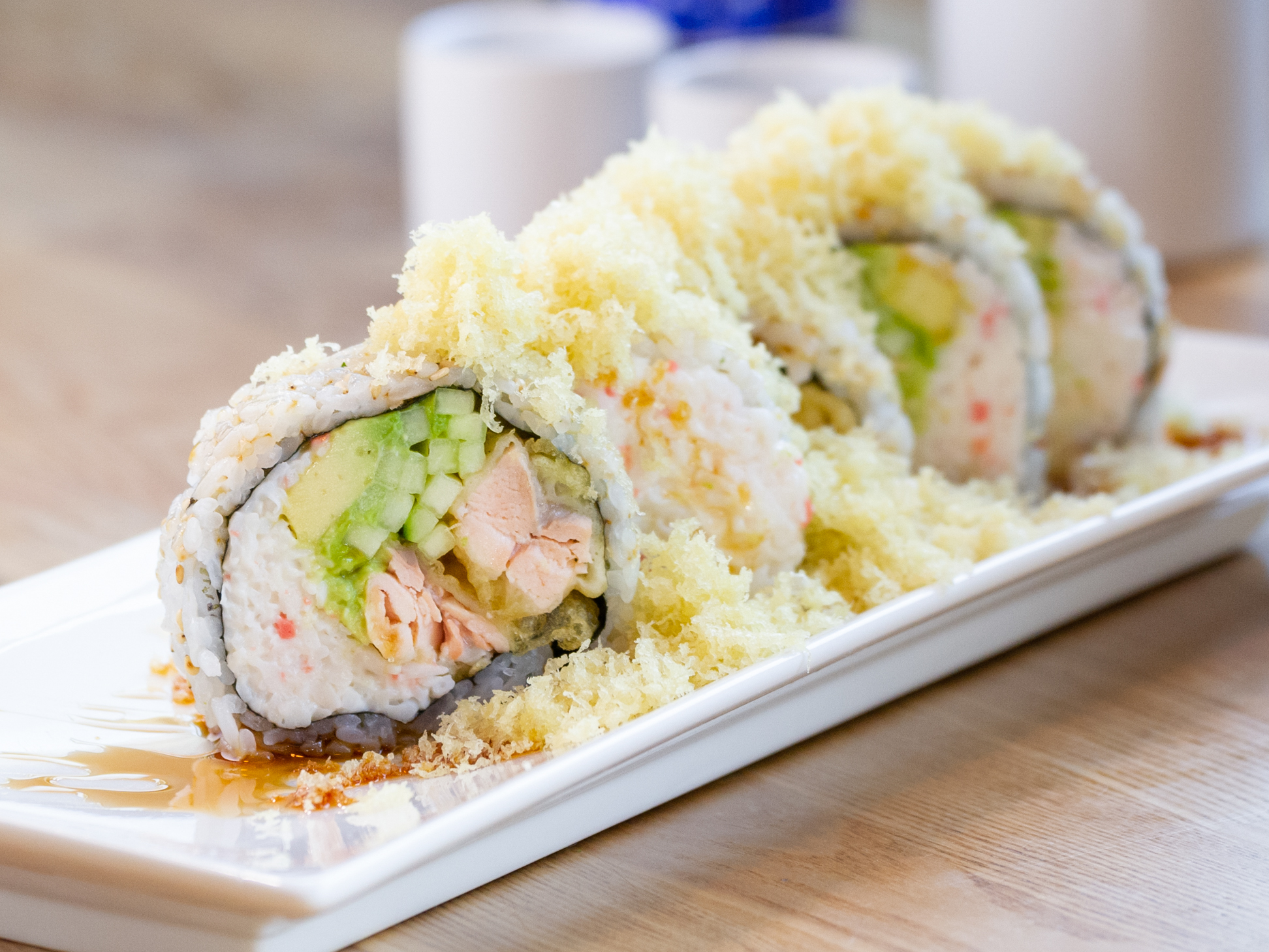 Order Salmon Tempura Crunch Roll (5 Larger Pieces) food online from Roll Call store, Los Angeles on bringmethat.com
