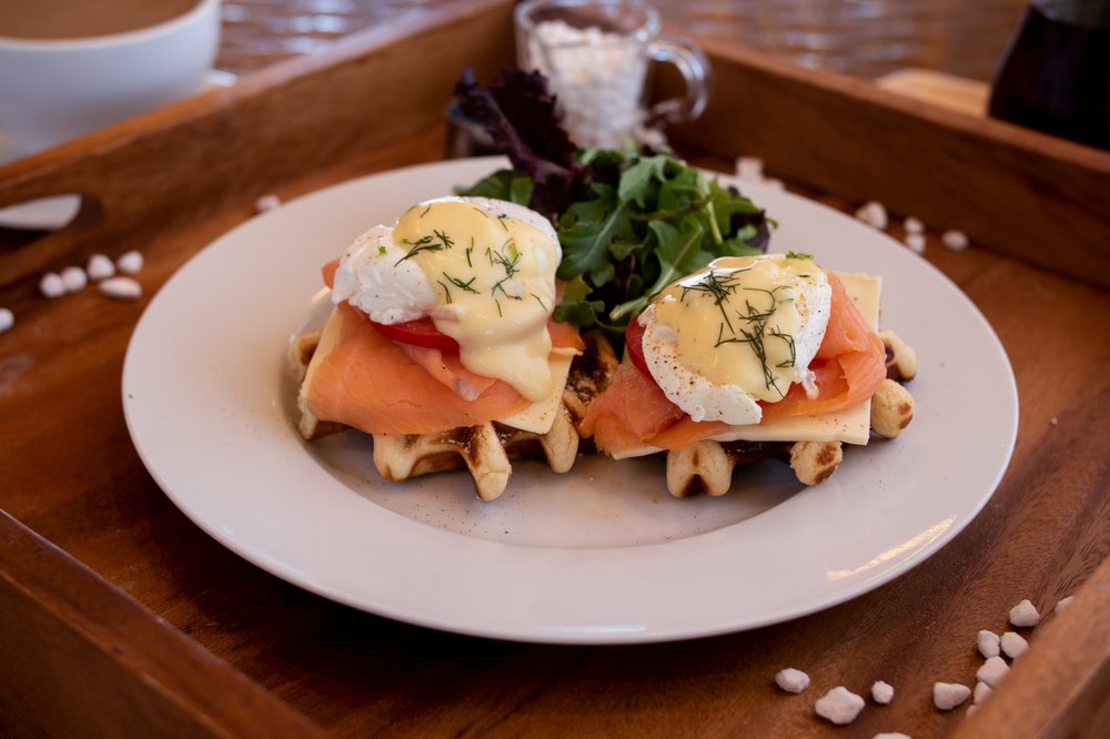 Order Smoked Salmon Croque Madame Waffle food online from Belgium Waffle Haus store, Los Angeles on bringmethat.com