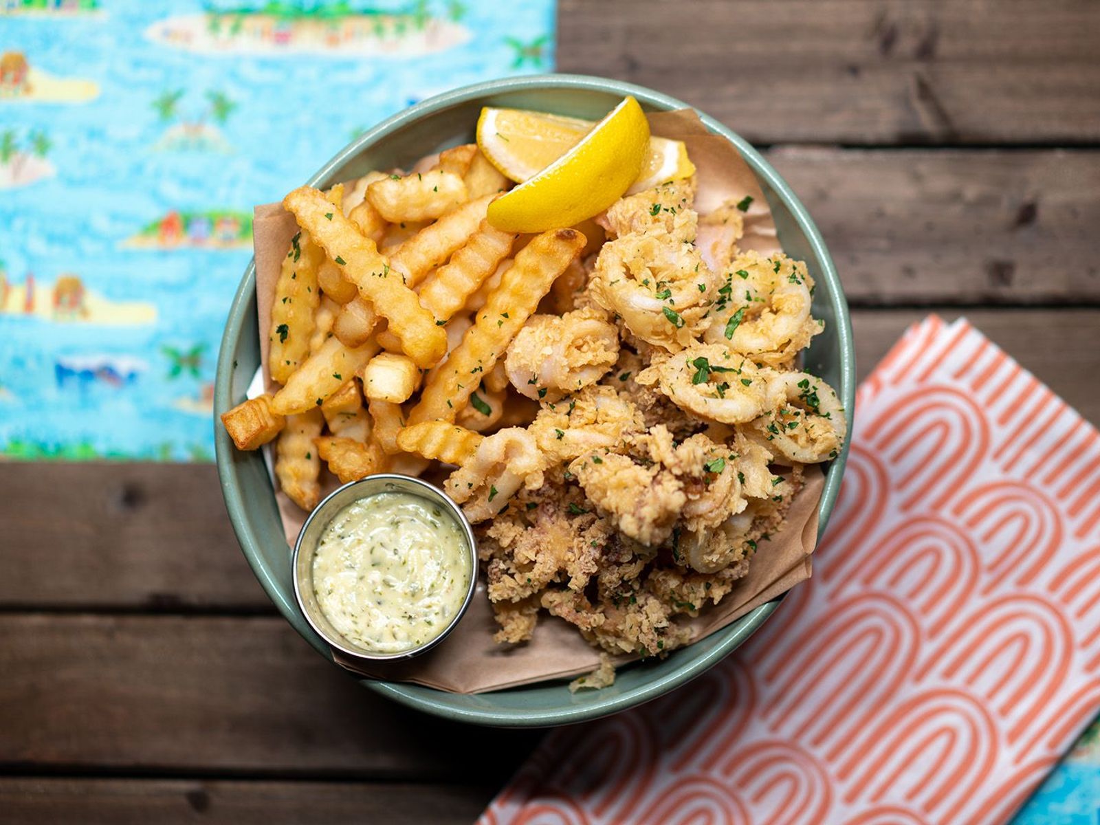 Order Calamari + Fries food online from Sunset Beach Fish & Chips store, Burbank on bringmethat.com
