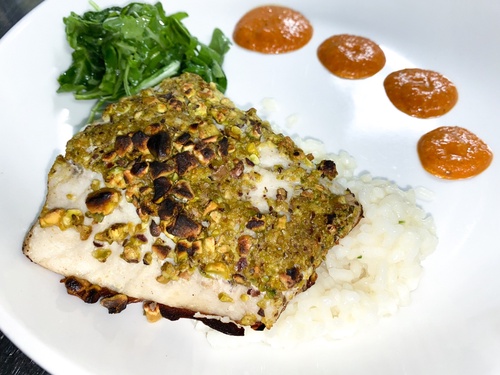 Order Pistachio Crusted Seabass food online from The Barrel Room store, San Diego on bringmethat.com