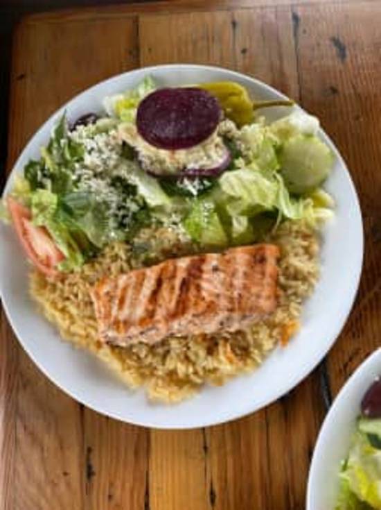 Order Grilled Salmon with Rice & Greek Salad food online from Little Greek store, Westchase on bringmethat.com