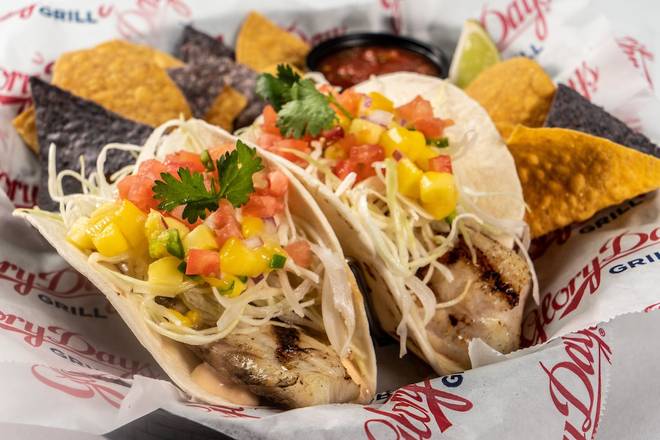 Order GRILLED FISH SOFT TACOS food online from Glory Days Grill store, Hunter Mill on bringmethat.com