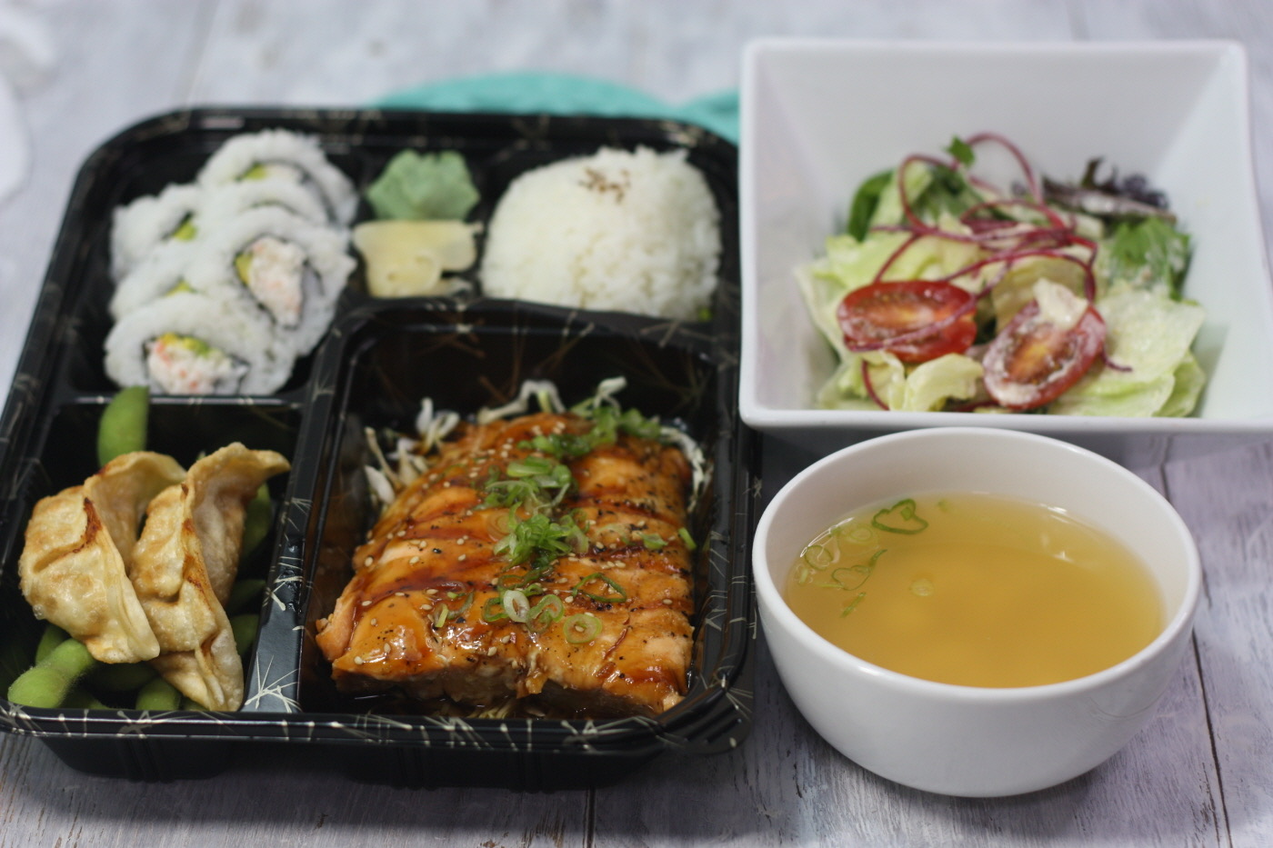 Order Salmon Teriyaki Bento food online from Sushi N Grill store, Bakersfield on bringmethat.com
