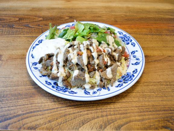 Order 19. Beef Shawarma Plate food online from Wallys Cafe store, Emeryville on bringmethat.com