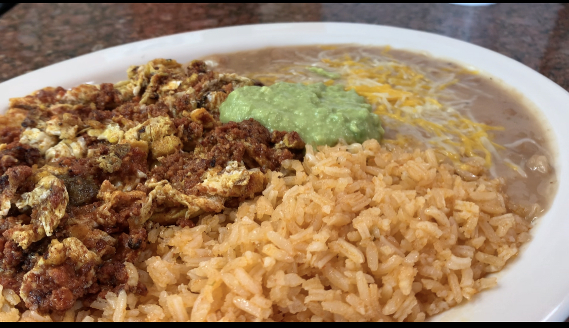 Order 11. Two Eggs with Chorizo Rice & Beans food online from El Tarasco store, Marina del Rey on bringmethat.com