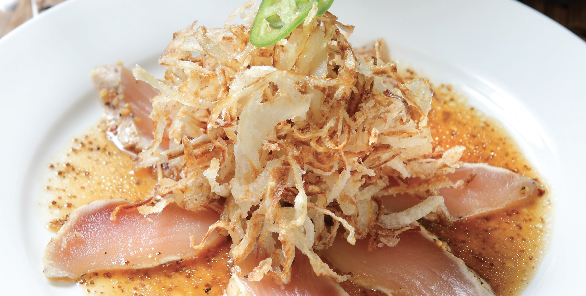 Order Albacore Sashimi W/Crispy Onion food online from Shiki Sushi store, Studio City on bringmethat.com