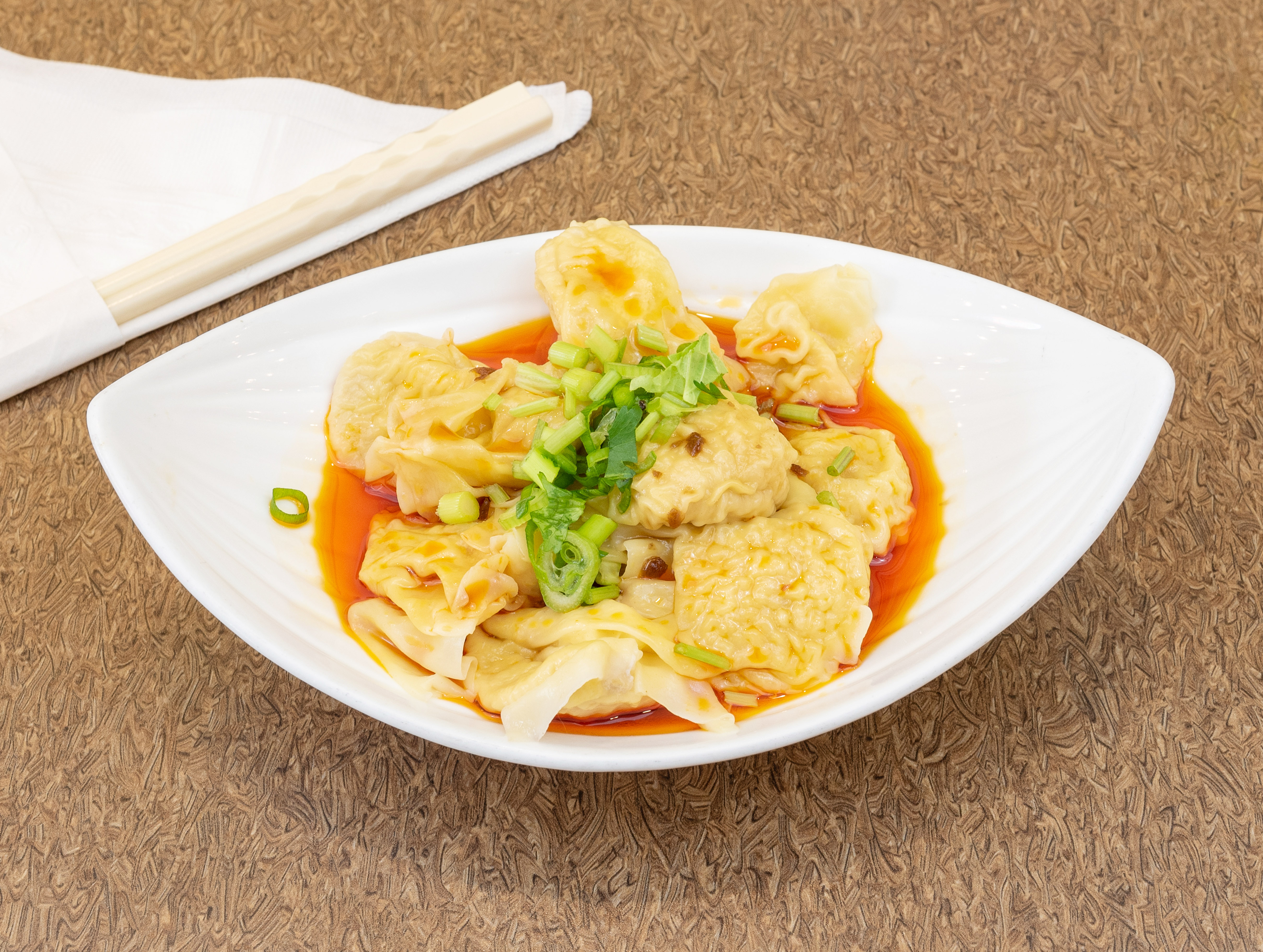 Order Chicken Wontons in Chili Oil Sauce 鸡肉红油抄手 food online from Super Bowl Noodle House store, Rockville on bringmethat.com
