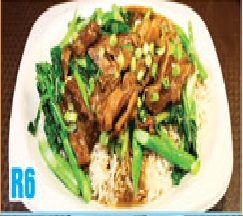 Order R6. Beef Stew and Chinese Broccoli on Rice food online from Zen Noodles store, Naperville on bringmethat.com