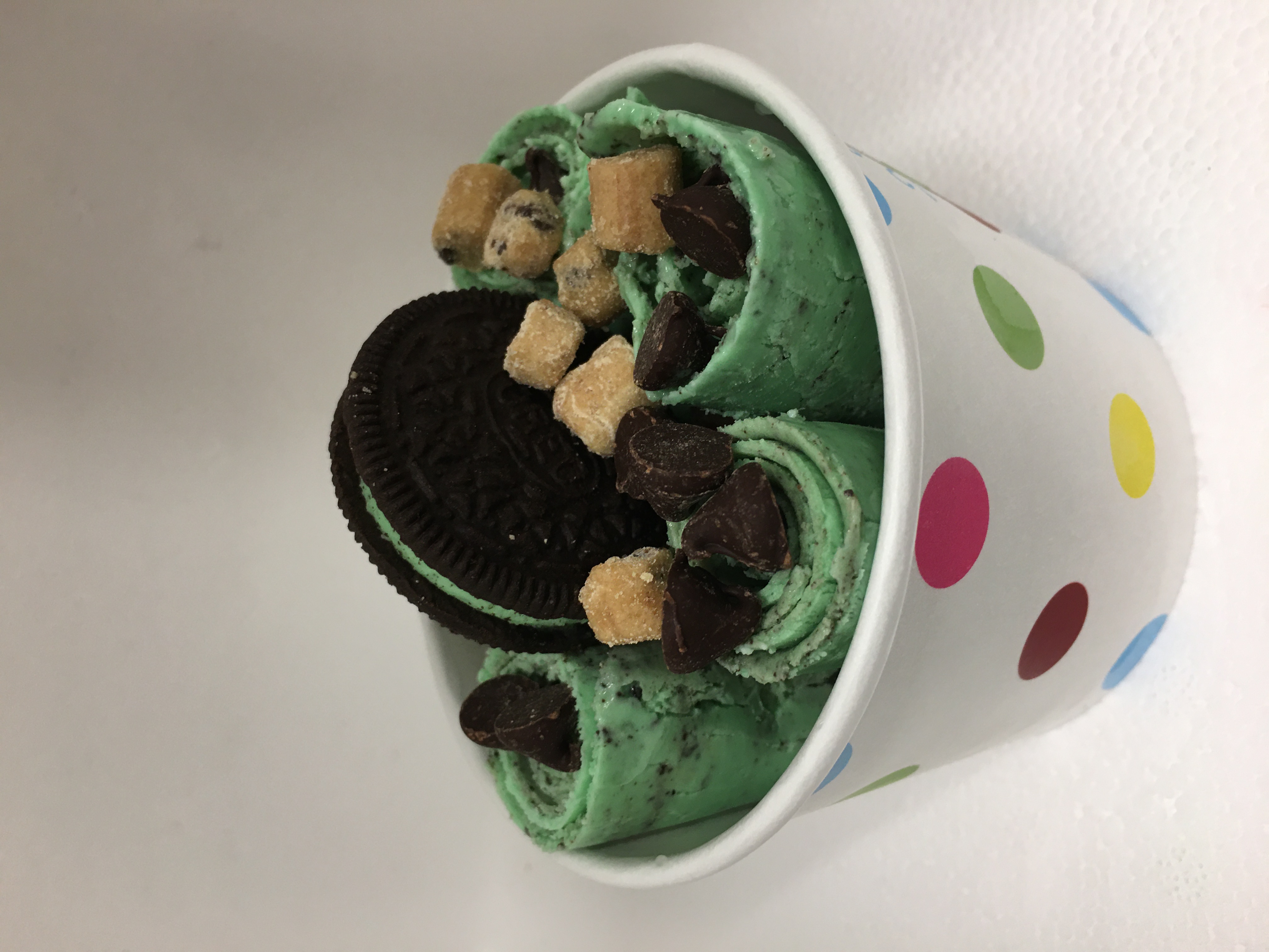Order 12. Mint Mint Rolled Ice Cream food online from Pandora Rolled Ice Cream store, Manhattan on bringmethat.com