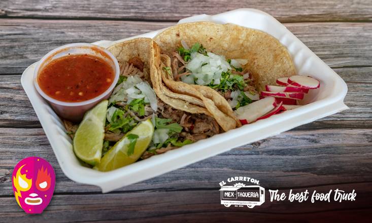 Order 2 Tacos Barbacoa/Shredded Beef food online from El Carreton Mexican Taqueria store, Gainesville on bringmethat.com