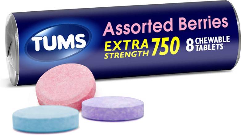 Order TUMS Antacid Chewable Tablets, Extra Strength for Heartburn Relief, Assorted Berries, 8 count food online from Exxon Food Mart store, Port Huron on bringmethat.com