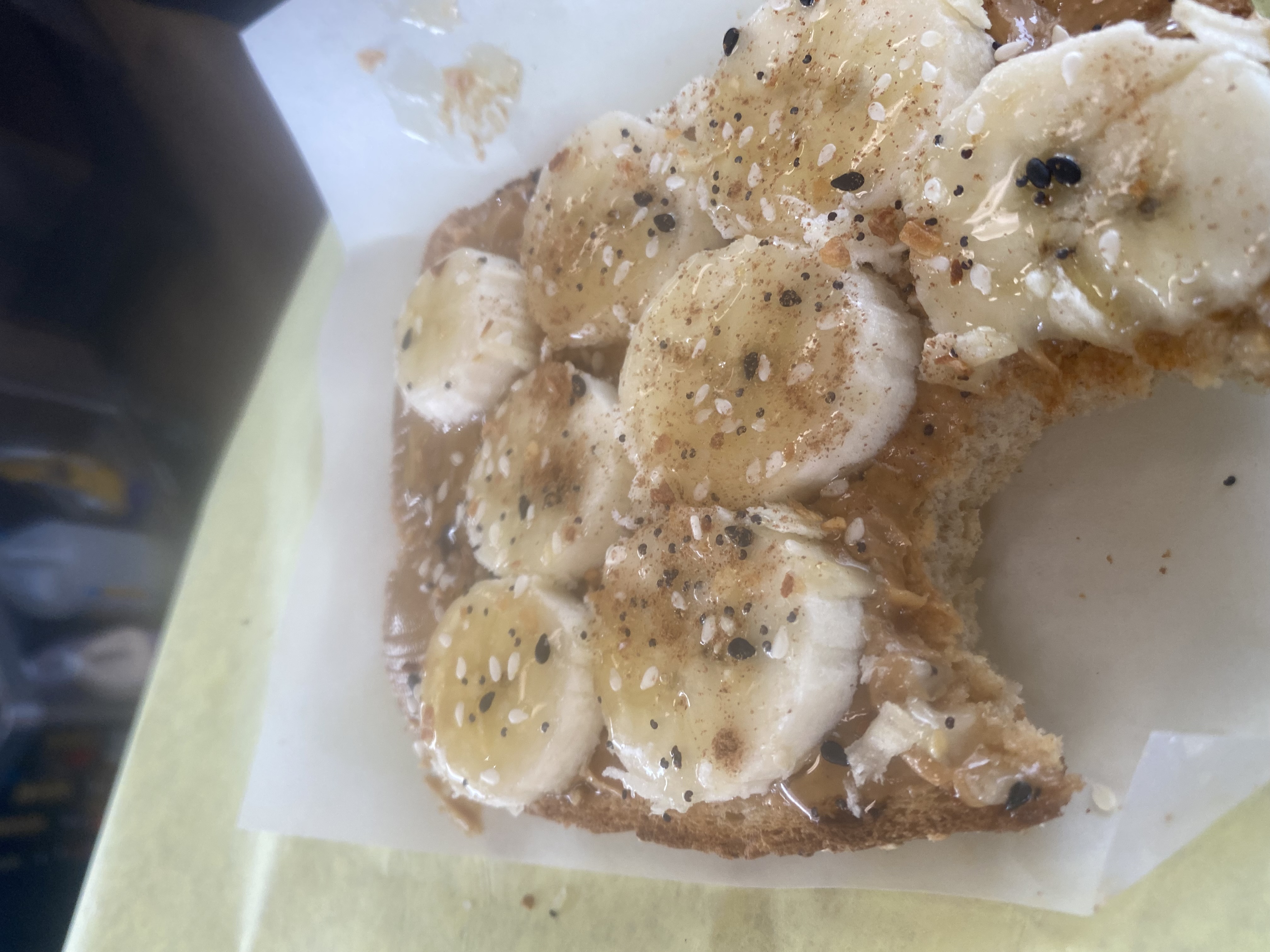 Order Peanut Butter  Sliced BananaToast with Honey & Seeds food online from New Brew Cafe store, North Highlands on bringmethat.com