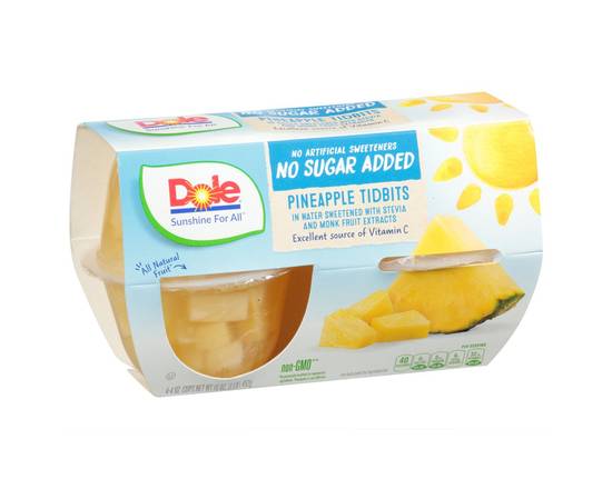 Order Dole · No Sugar Added Pineapple Tidbits with Monk Fruit (4 x 4 oz) food online from Safeway store, Napa on bringmethat.com