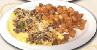 Order Ground Beef Omelette food online from Ely's Restaurant store, Las Vegas on bringmethat.com