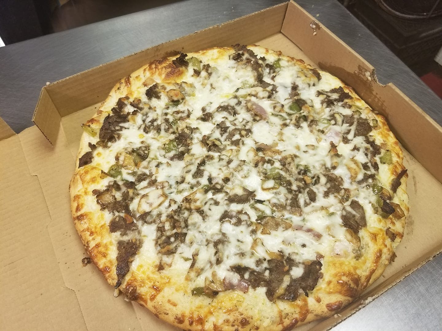 Order Steak Pizza - 14" food online from M & M Pizza store, Manquin on bringmethat.com