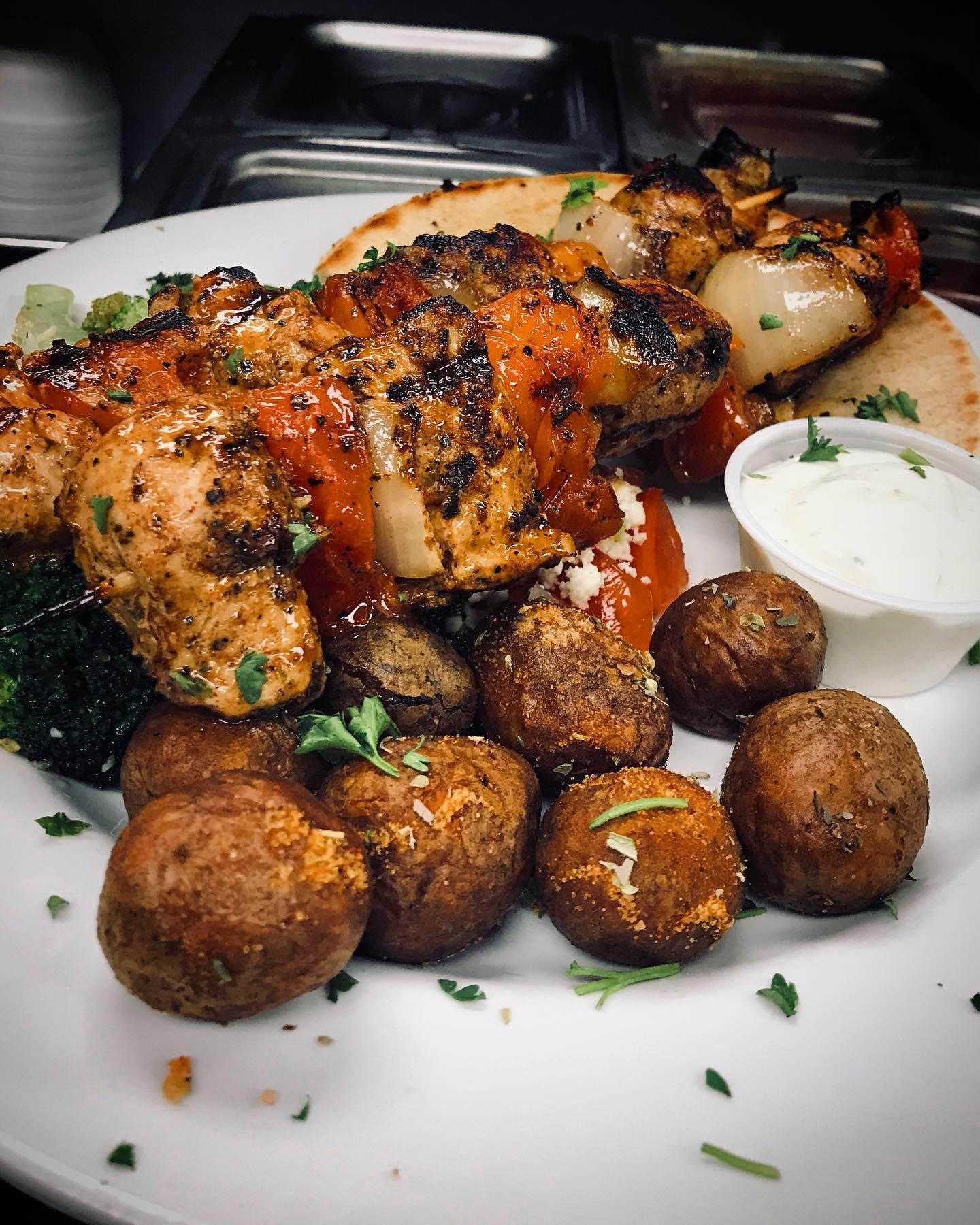 Order Chicken Kabob - Entree food online from Mad Greek Restaurant store, Bristol on bringmethat.com